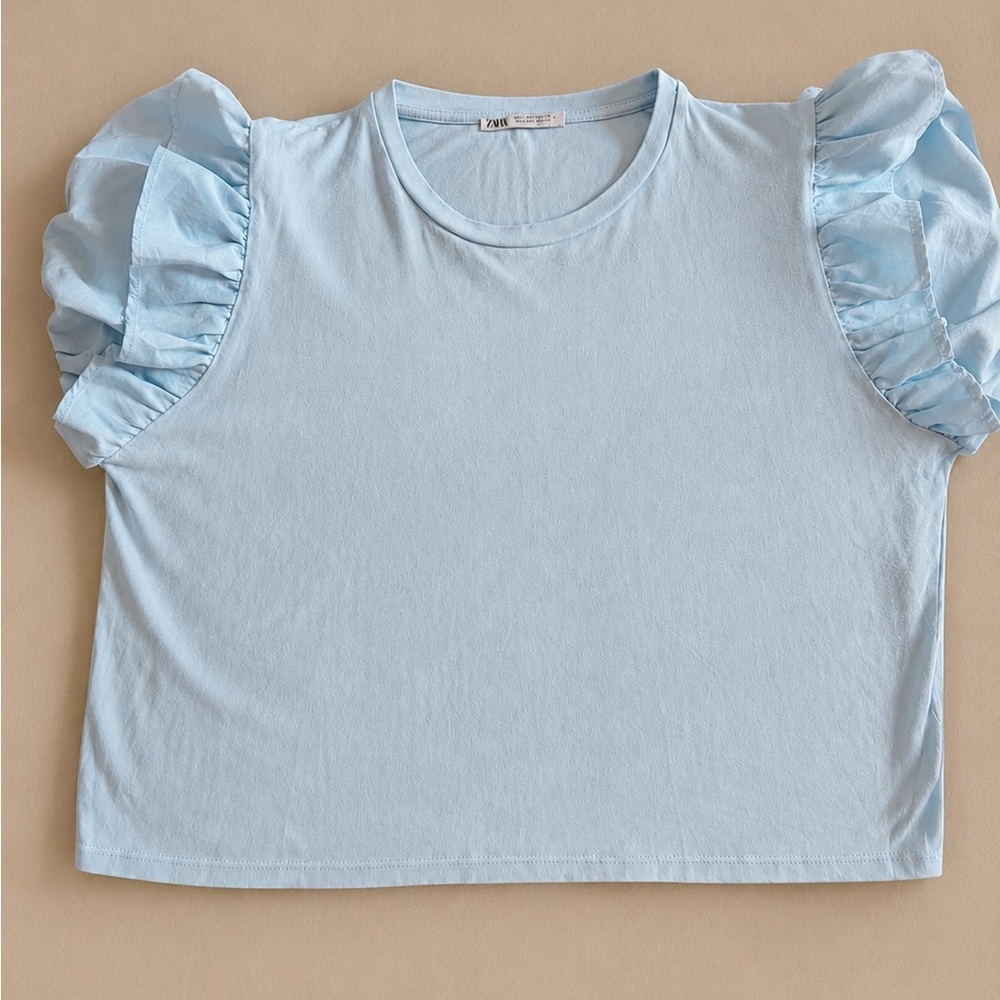 Zara Light Blue Ruffled Sleeve Crop Top